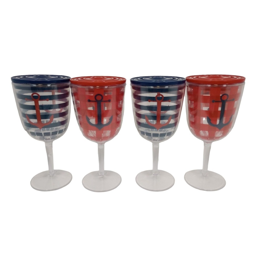Nautical Anchor Insulated Wine Tumbler Set of 4 Red Blue Acrylic Glasses